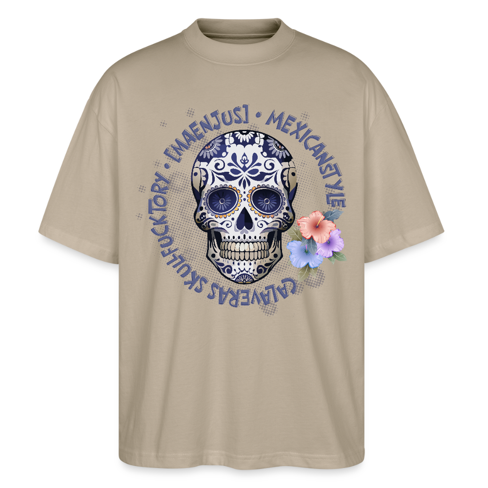 Oversized Unisex Bio T-Shirt mit MAENJUS MEXICANSTYLE PRINT Vorderseite - Steingrau