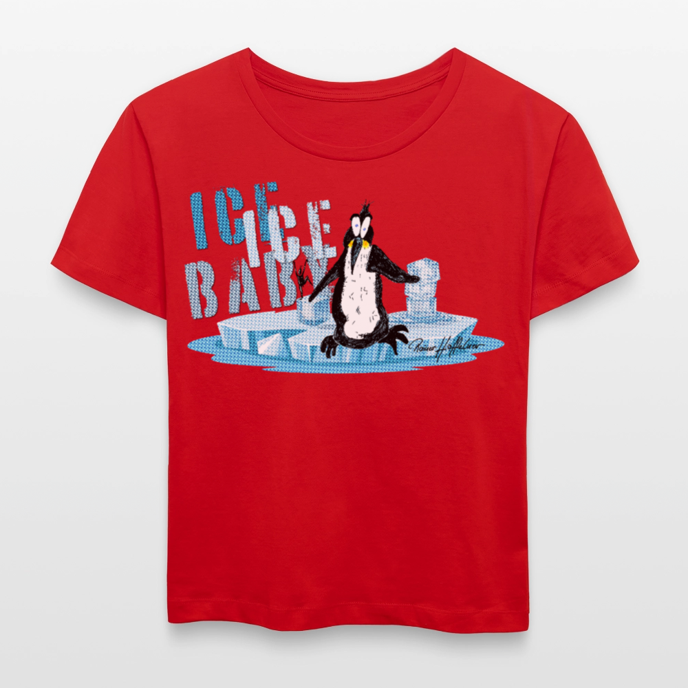 Relaxed Rundhals Frauen Bio-T-Shirt mit ICE ICE BABY PINGUIN PRINT - Rot