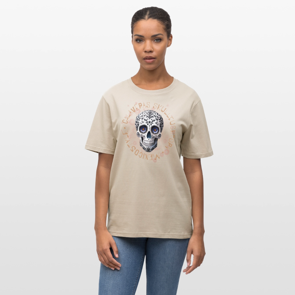 Relaxed Fit Unisex Bio-T-Shirt mit CALAVERAS SKULL PRINT Vorderseite - Weißgrau