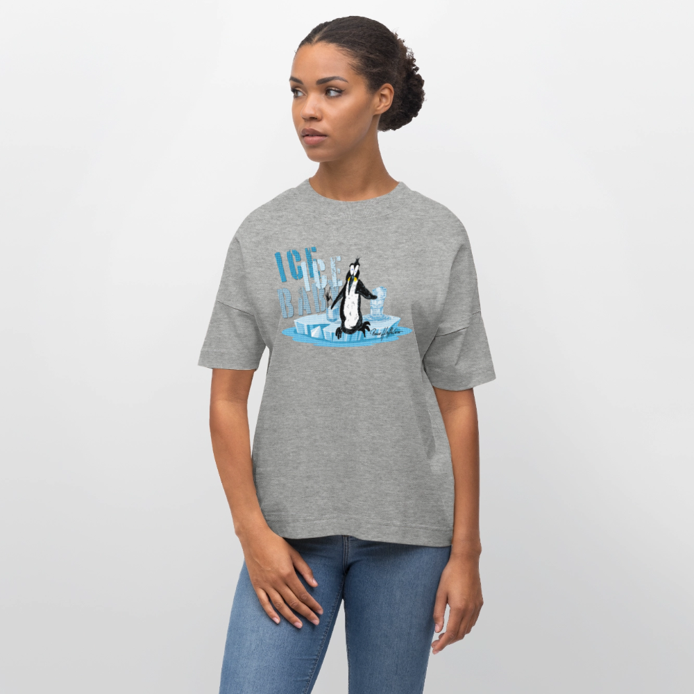 Oversized Unisex Bio T-Shirt mit ICE ICE BABY PINGUIN PRINT - Grau meliert