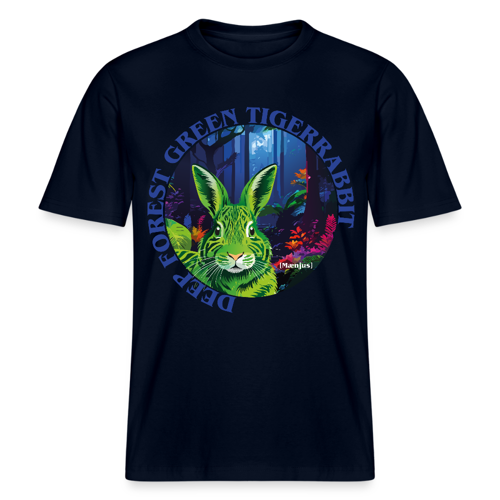 Relaxed Fit Unisex Bio-T-Shirt mit DEEP FOREST GREEN TIGERRABBIT PRINT Vorderseite - Navy