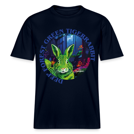 Relaxed Fit Unisex Bio-T-Shirt mit DEEP FOREST GREEN TIGERRABBIT PRINT Vorderseite - Navy