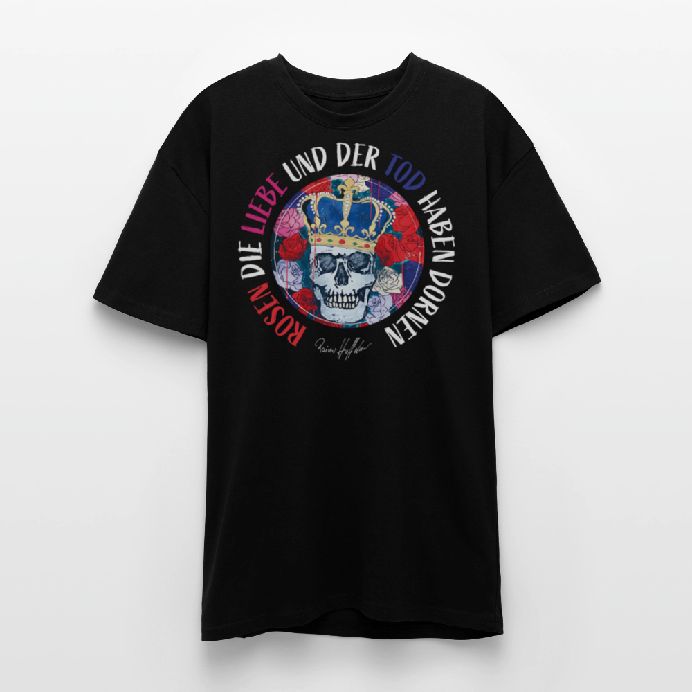 Heavy Oversize T-Shirt mit ROSEN DIE LIEBE UND DER TOD HABEN DORNEN PRINT - Schwarz