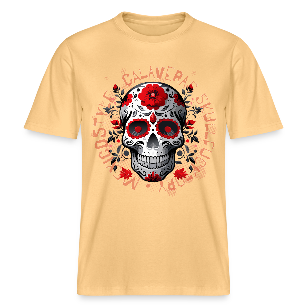 Relaxed Fit Unisex Bio-T-Shirt mit CALAVERS ROSEN PRINT Vorderseite - Hellgelb