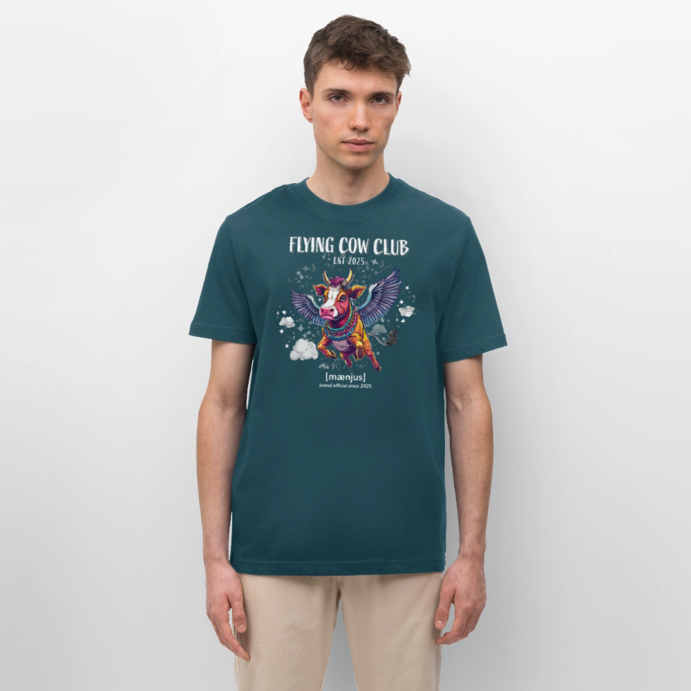 Unisex Bio-T-Shirt mit FLYING COW CLUB PRINT Vorderseite - Dunkles Petrol