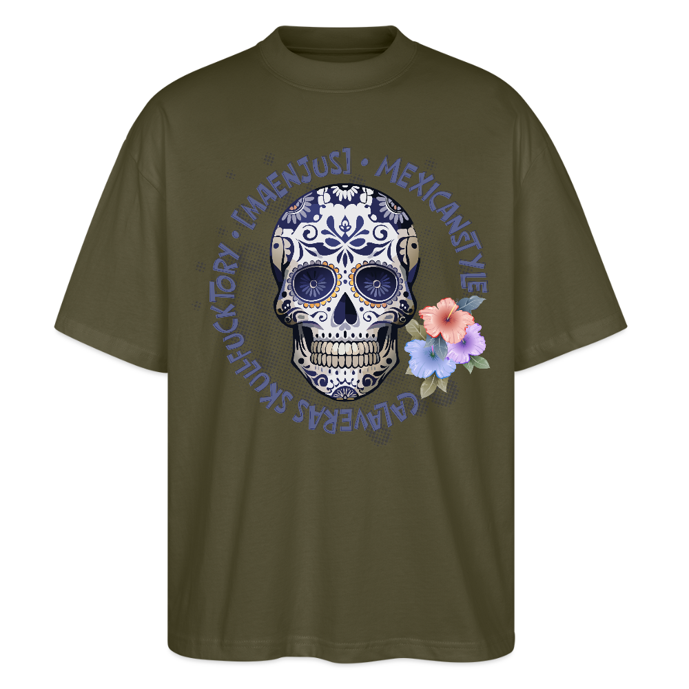 Oversized Unisex Bio T-Shirt mit MAENJUS MEXICANSTYLE PRINT Vorderseite - Khaki