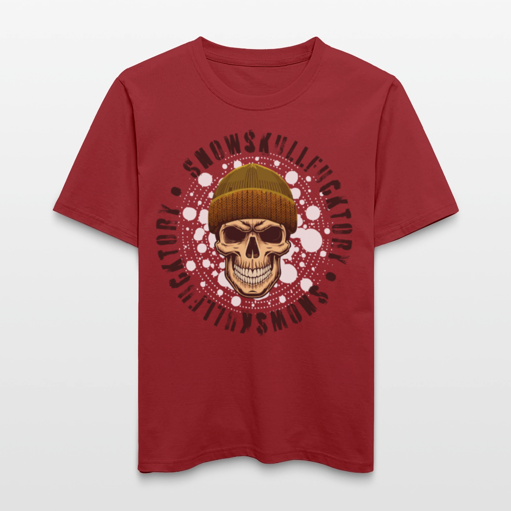 Relaxed Fit Unisex Bio-T-Shirt mit SNOWSKULL FUCKTORY PRINT Vorderseite - Erdrot