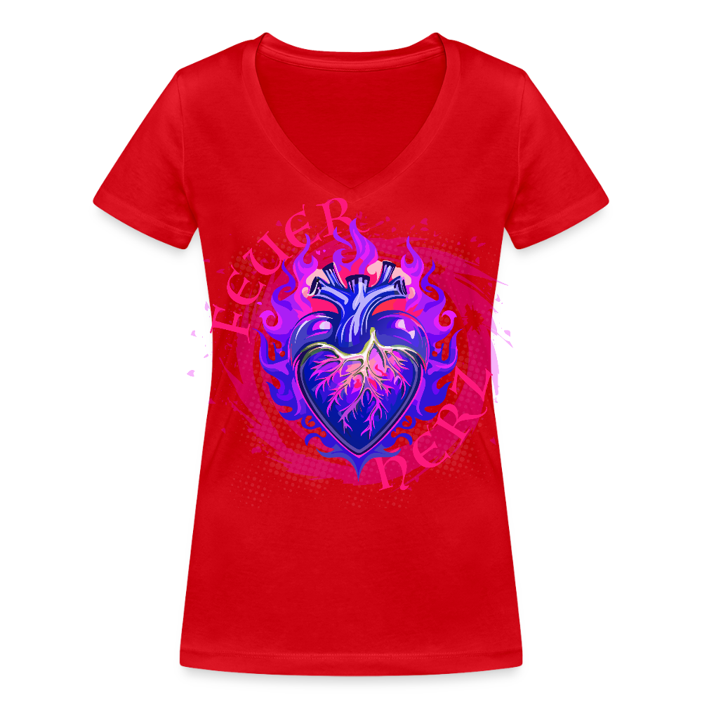 Frauen Bio-T-Shirt mit V-Ausschnitt mit FEUERHERZ LILA PRINT - Rot