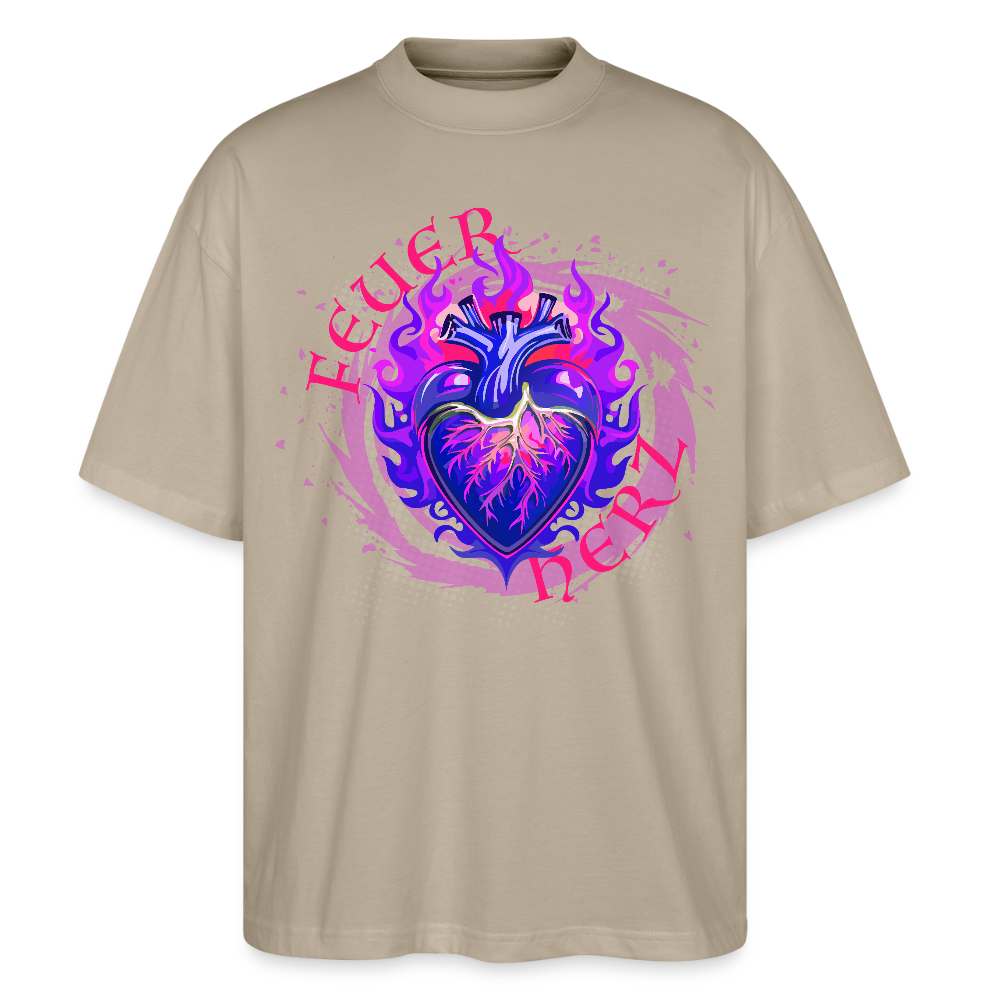 Oversized Unisex Bio T-Shirt mit FEUERHERZ LILA PRINT - Steingrau