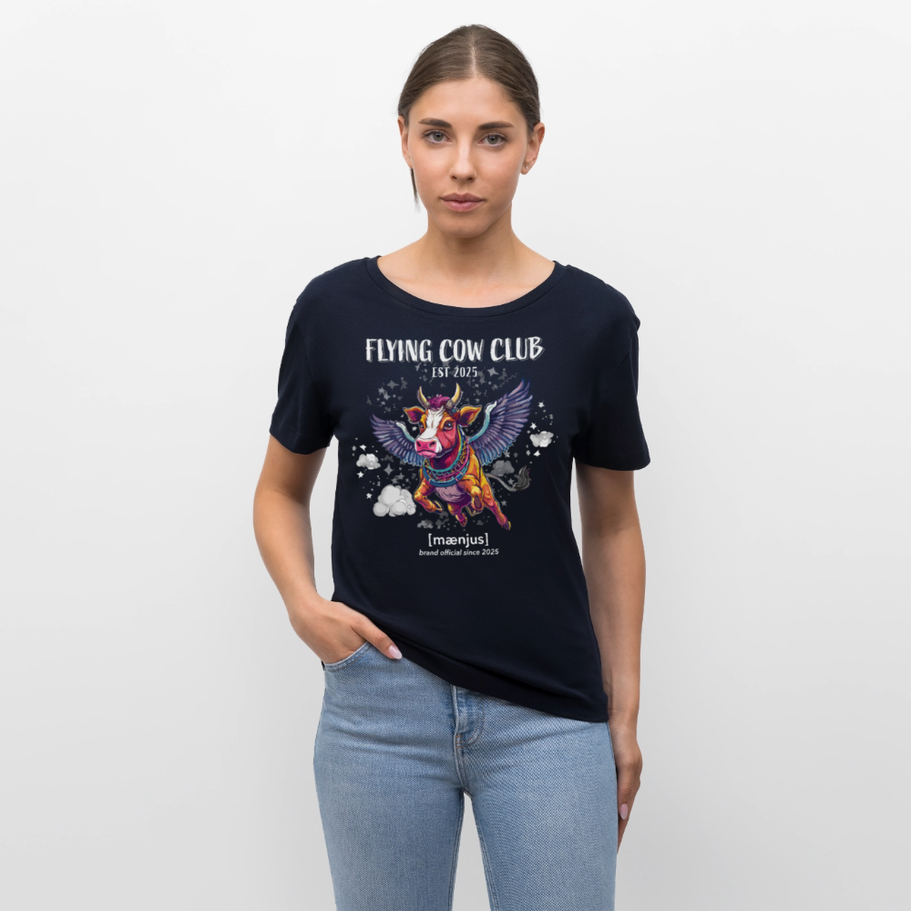 Relaxed Rundhals Frauen Bio-T-Shirt mit FLYING COW CLUB PRINT - Navy
