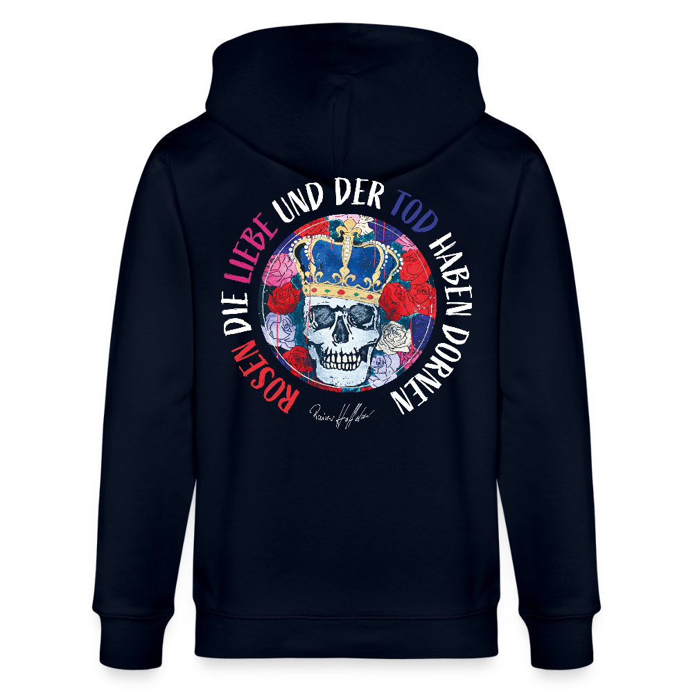 Unisex Bio-Kapuzenjacke mit ROSEN DIE LIEBE UND DER TOD HABEN DORNEN PRINT - Navy