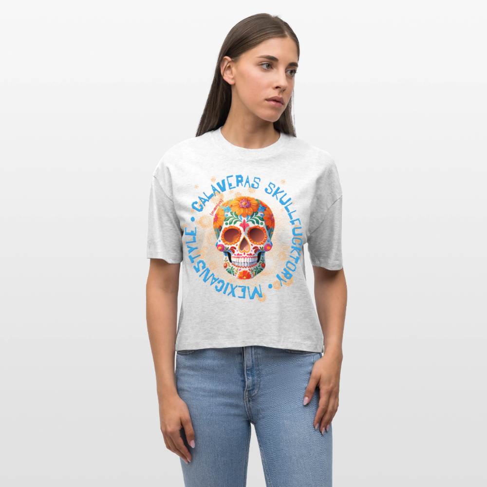 Frauen Boxy Bio-T-Shirt mit CALAVERAS SKULL PRINT - Weiß meliert