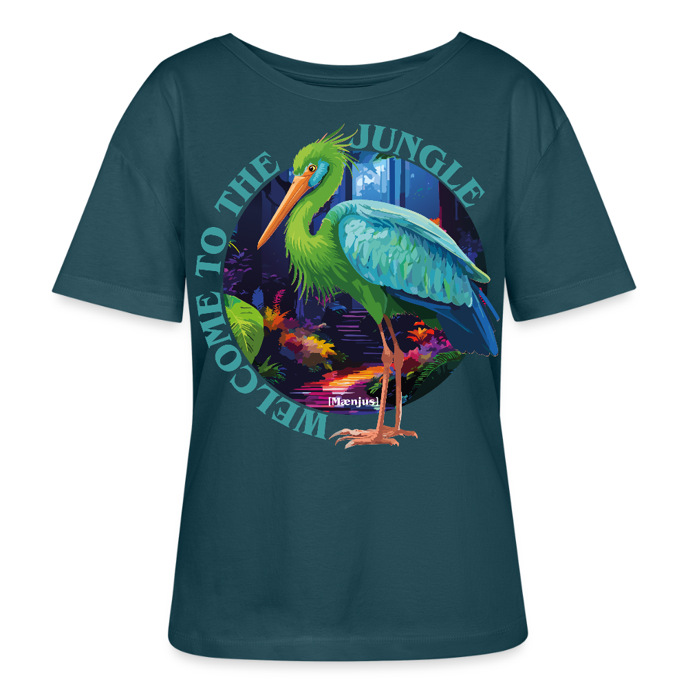 Frauen T-Shirt mit WELCOME TO THE JUNGLE PRINT Vorderseite - Dunkles Petrol