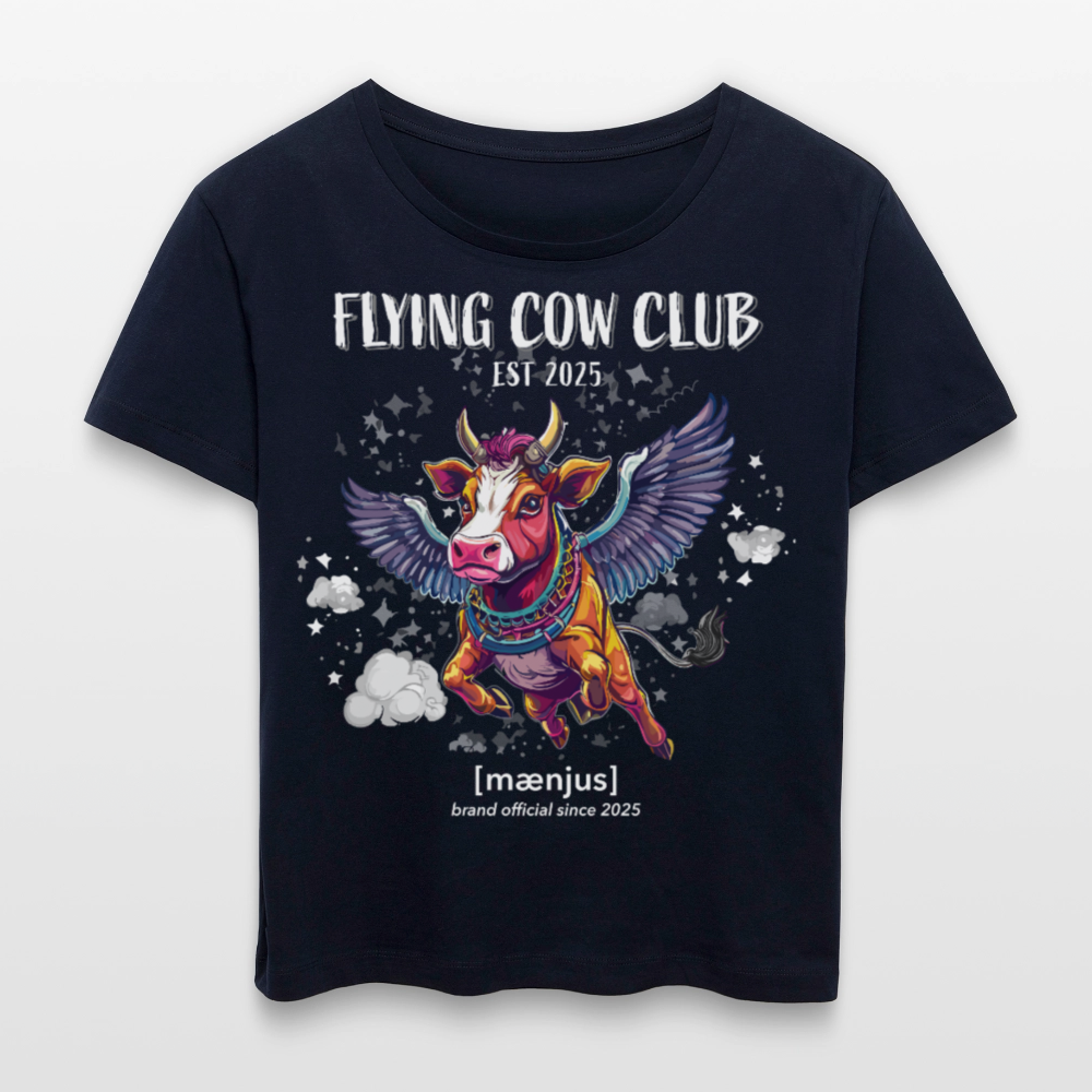 Relaxed Rundhals Frauen Bio-T-Shirt mit FLYING COW CLUB PRINT - Navy