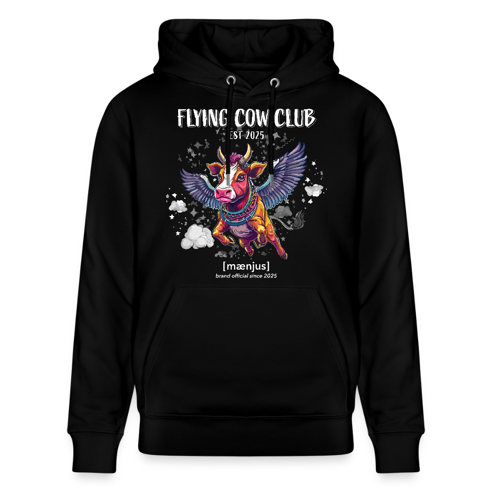Unisex Bio-Hoodie mit FLYING COW CLUB PRINT Vorderseite - Schwarz