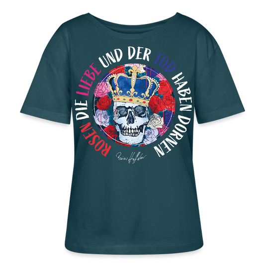 Frauen T-Shirt mit ROSEN DIE LIEBE UND DER TOD HABEN DORNEN PRINT - Dunkles Petrol