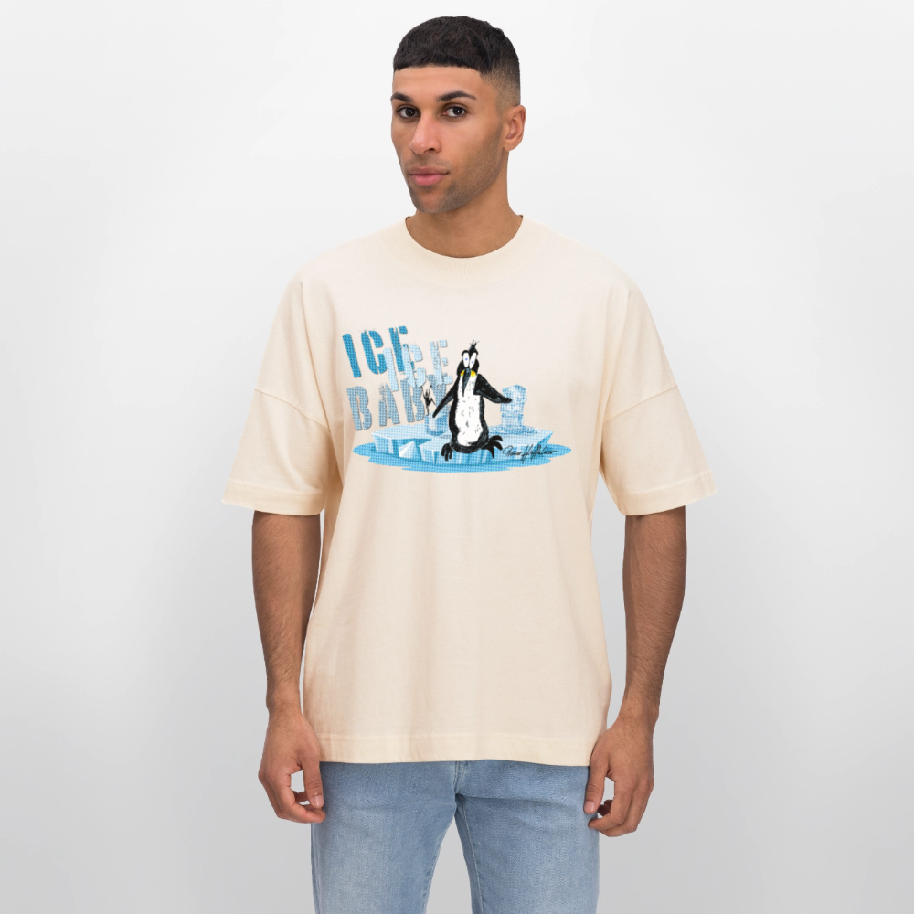 Oversized Unisex Bio T-Shirt mit ICE ICE BABY PINGUIN PRINT - Weißgrau