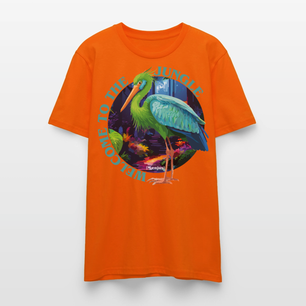 Unisex T-Shirt mit WELCOME TO THE JUNGLE PRINT Vorderseite - Tieforange