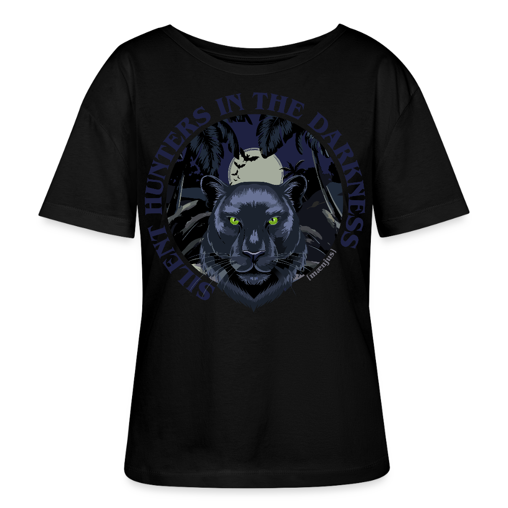Relaxed Rundhals Frauen Bio-T-Shirt mit SILENT HUNTERS IN THE DARKNESS PRINT Vorderseite - Schwarz