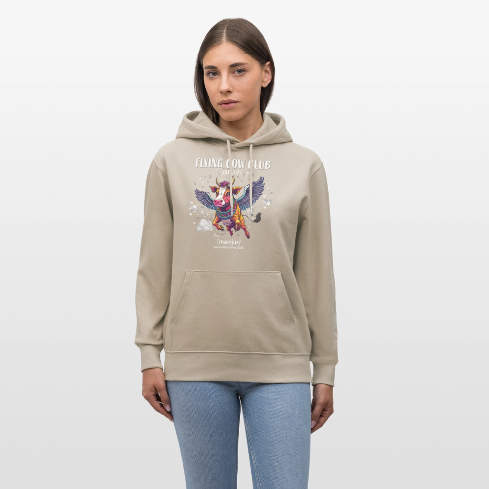 Unisex Bio-Hoodie mit FLYING COW CLUB PRINT Vorderseite - Beige