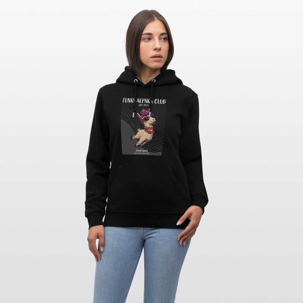 Unisex Bio-Hoodie mit FUNKY ALPAKA CLUB PRINT Vorderseite - Schwarz