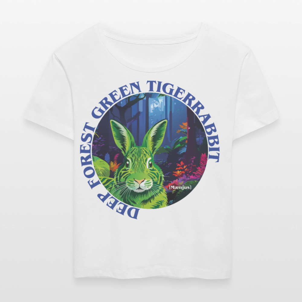 Relaxed Rundhals Frauen Bio-T-Shirt mit DEEP FOREST GREEN TIGERRABBIT PRINT Vorderseite - Weiß