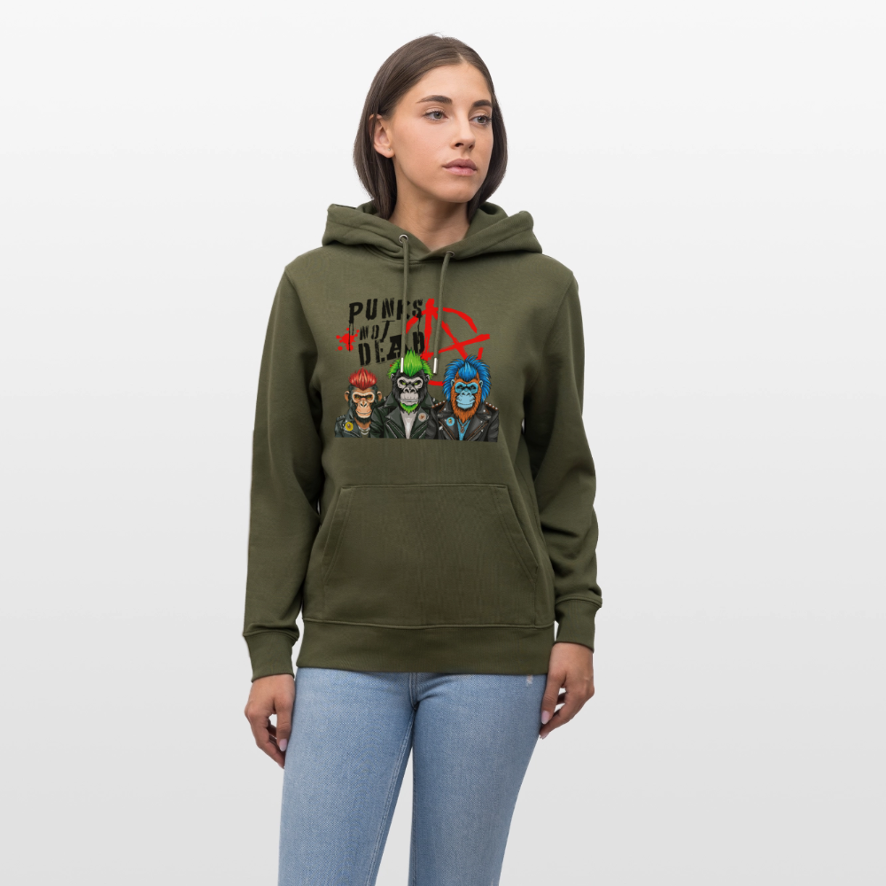 Unisex Hoodie mit PUNKS NOT DEAD PRINT - Khaki Grün