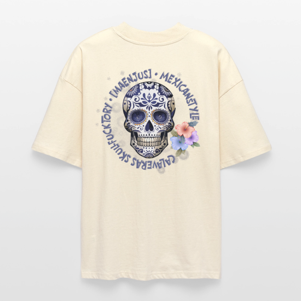 Oversized Unisex T-Shirt mit MAENJUS MEXICANSTYLE PRINT Vorder- und Rückseite - Weißgrau