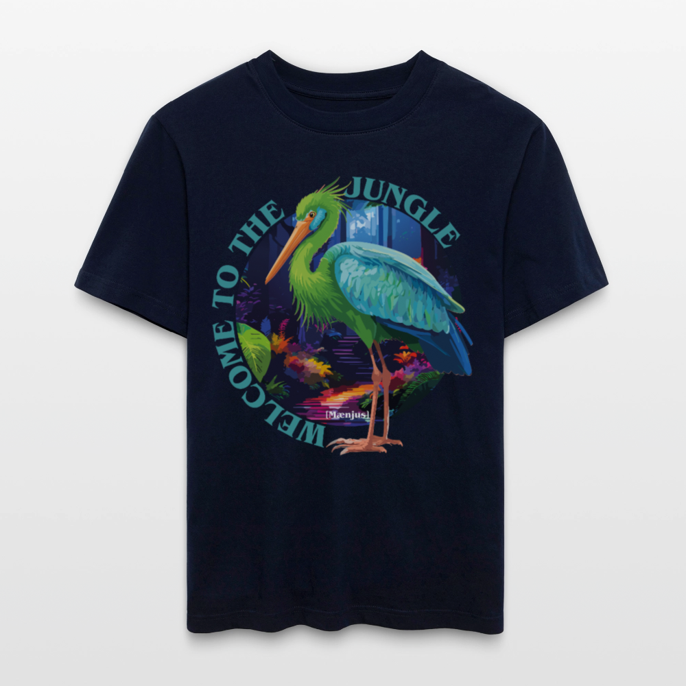 Relaxed Fit Unisex Bio-T-Shirt mit WELCOME TO THE JUNGLE PRINT Vorderseite - Navy