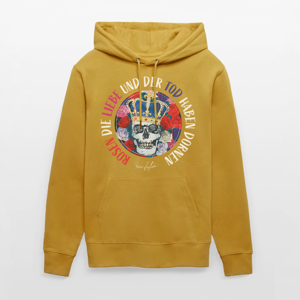 Unisex Hoodie mit ROSEN DIE LIEBE UND DER TOD HABEN DORNEN PRINT - Ocker