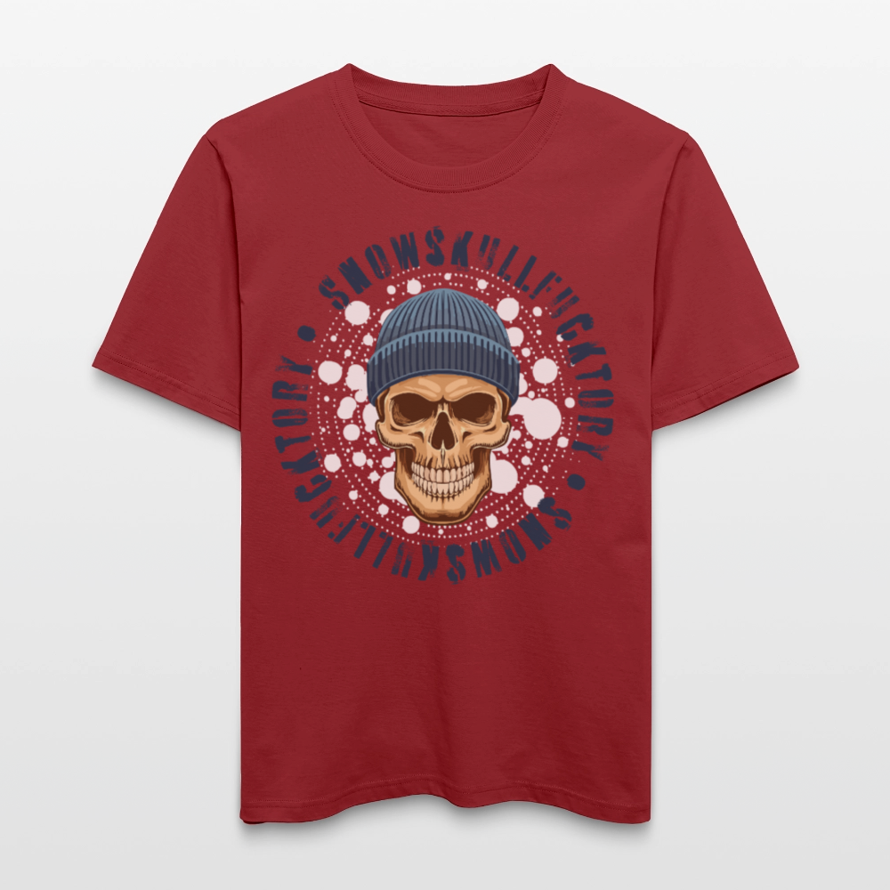 Relaxed Fit Unisex Bio-T-Shirt mit SNOWSKULL FUCKTORY PRINT Vorderseite - Erdrot