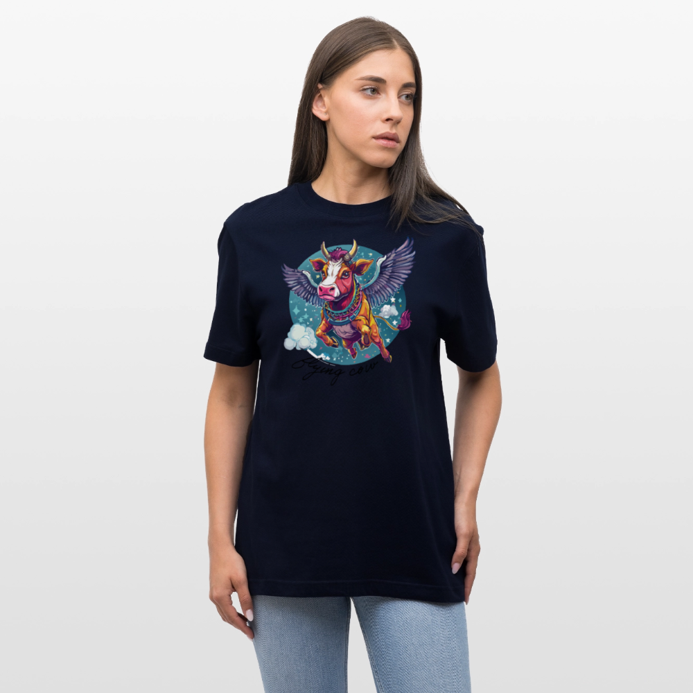 Relaxed Fit Unisex Bio-T-Shirt mit FLYING COW PRINT Vorderseite - Navy