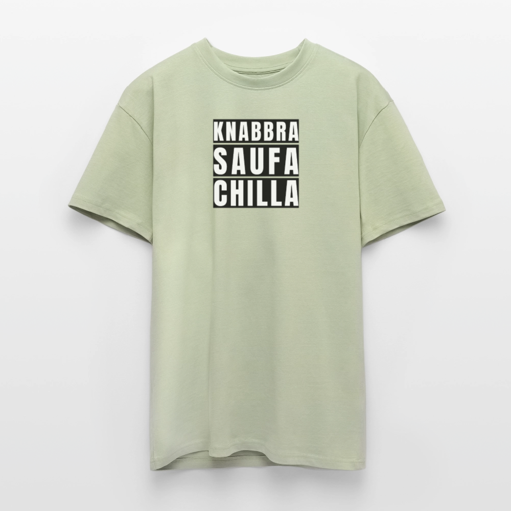 Heavy Oversize T-Shirt mit KNABBRA SAUFA CHILLA PRINT - Leichtes Salbeigrün