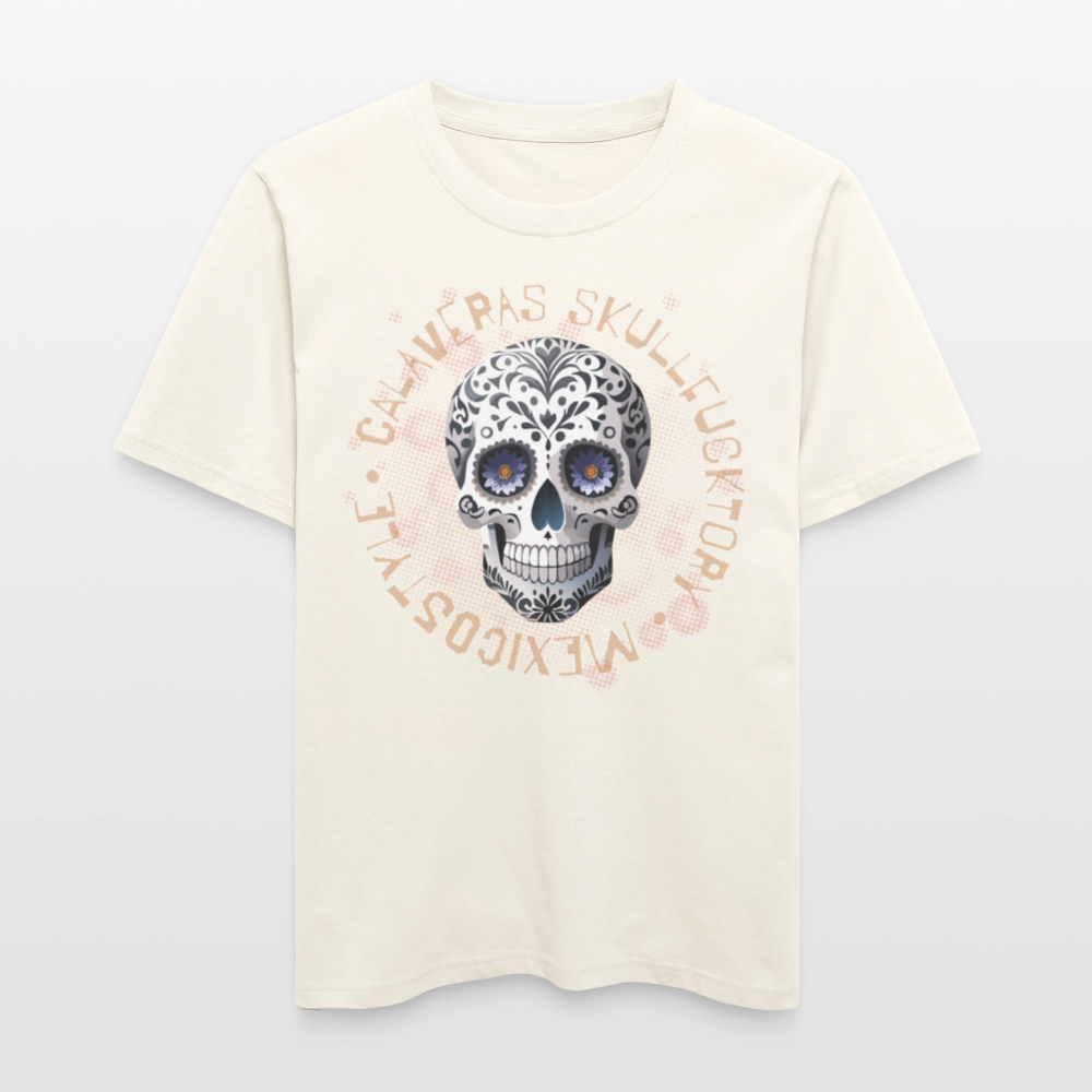 Relaxed Fit Unisex Bio-T-Shirt mit CALAVERAS SKULL PRINT Vorderseite - Naturweiß