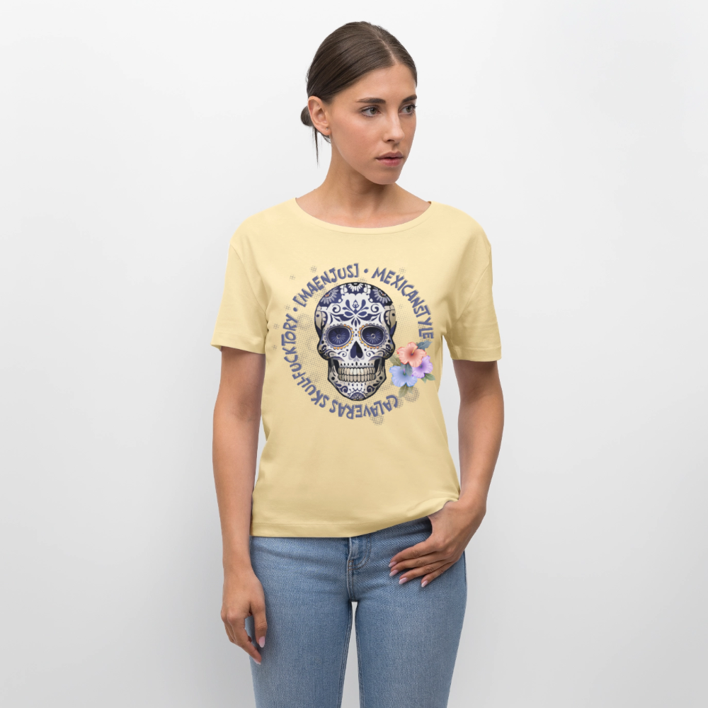 Rundhals Frauen Bio-T-Shirt mit MAENJUS MEXICANSTYLE PRINT Vorderseite - Creme