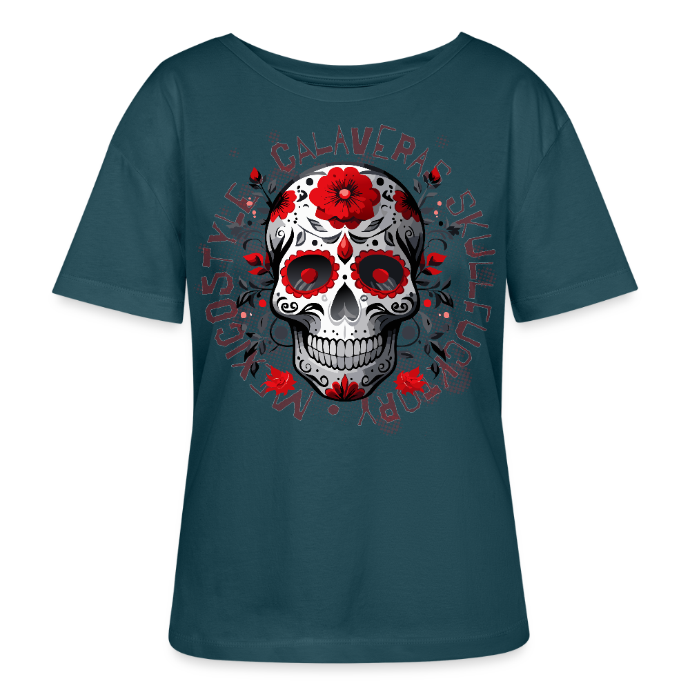 Frauen T-Shirt mit CALAVERAS SKULL PRINT - Dunkles Petrol