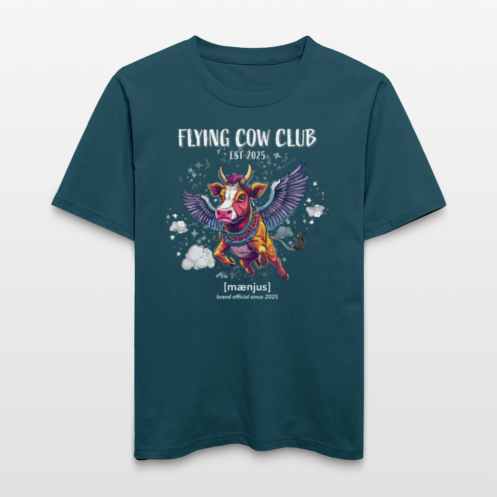 Unisex Bio-T-Shirt mit FLYING COW CLUB PRINT Vorderseite - Dunkles Petrol