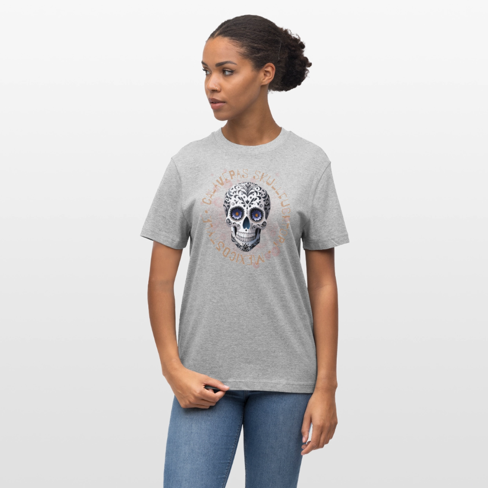 Relaxed Fit Unisex Bio-T-Shirt mit CALAVERAS SKULL PRINT Vorderseite - Grau meliert
