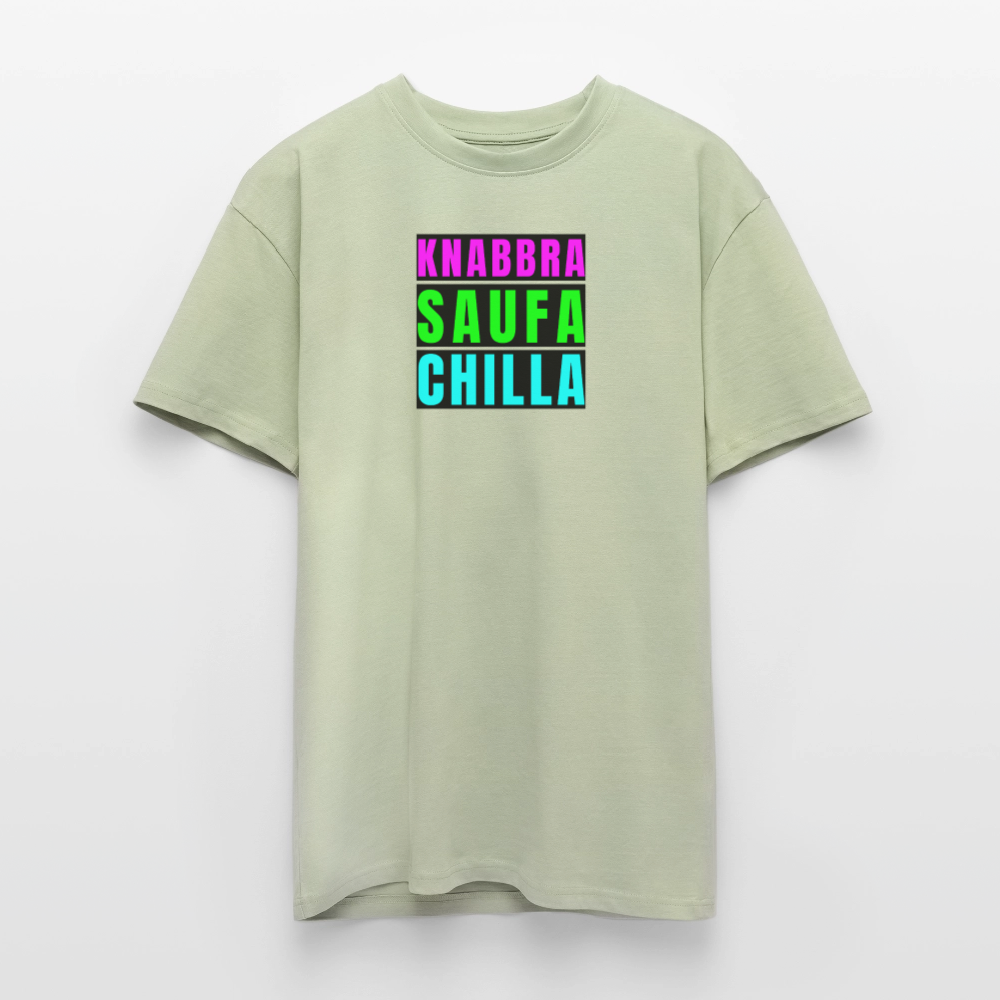 Heavy Oversize T-Shirt mit KNABBRA SAUFA CHILLA PRINT - Leichtes Salbeigrün