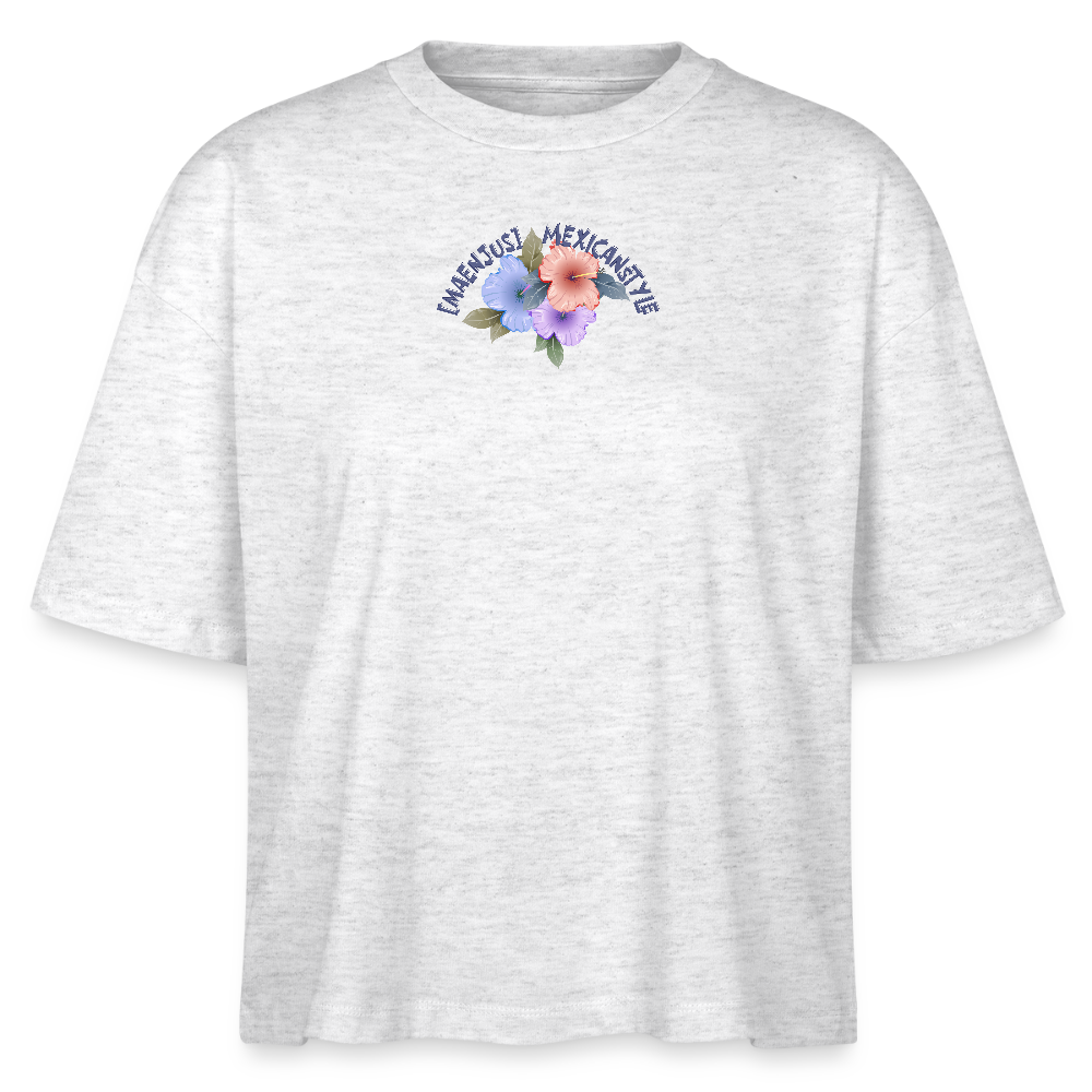 Frauen Boxy Bio-T-Shirt mit MAENJUS MEXICANSTYLE PRINT Vorder- und Rückseite - Weiß meliert
