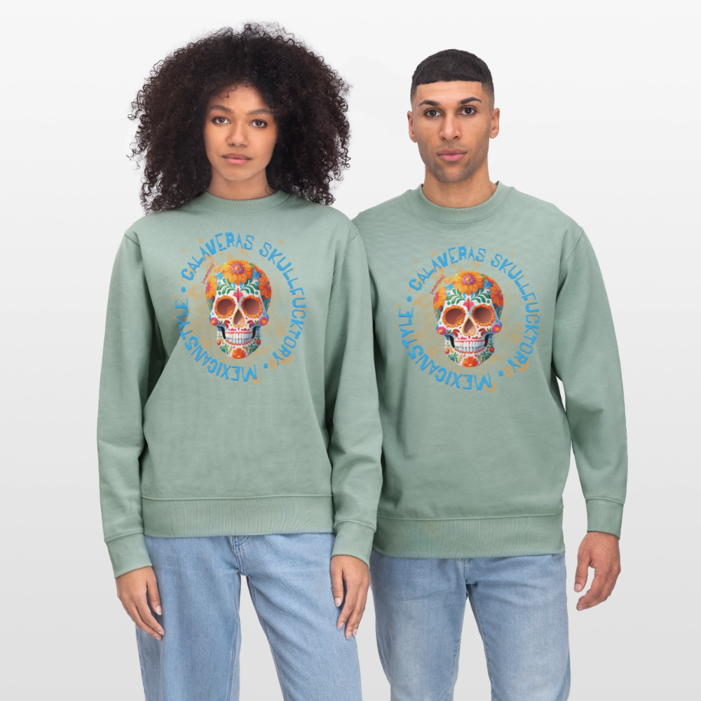 Unisex Bio-Sweatshirt mit CALAVERAS SKULL PRINT - Helles Graugrün
