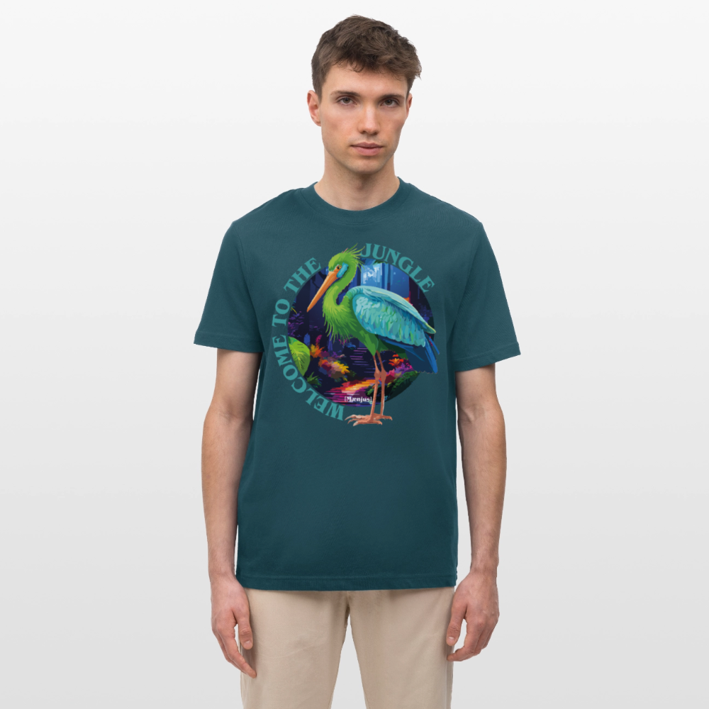 Relaxed Fit Unisex Bio-T-Shirt mit WELCOME TO THE JUNGLE PRINT Vorderseite - Dunkles Petrol