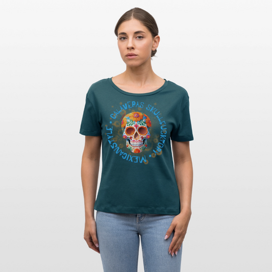Relaxed Rundhals Frauen Bio-T-Shirt mit CALAVERAS SKULL PRINT - Dunkles Petrol