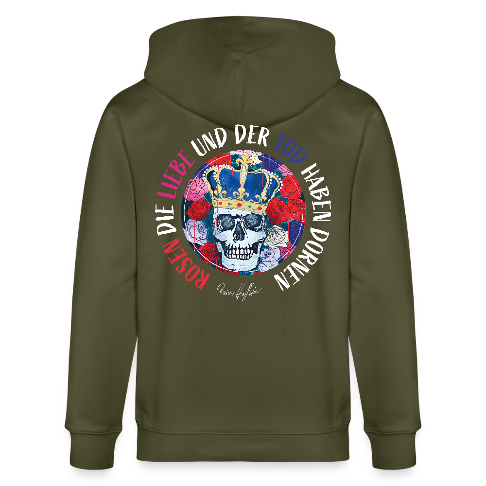 Unisex Bio-Kapuzenjacke mit ROSEN DIE LIEBE UND DER TOD HABEN DORNEN PRINT - Khaki