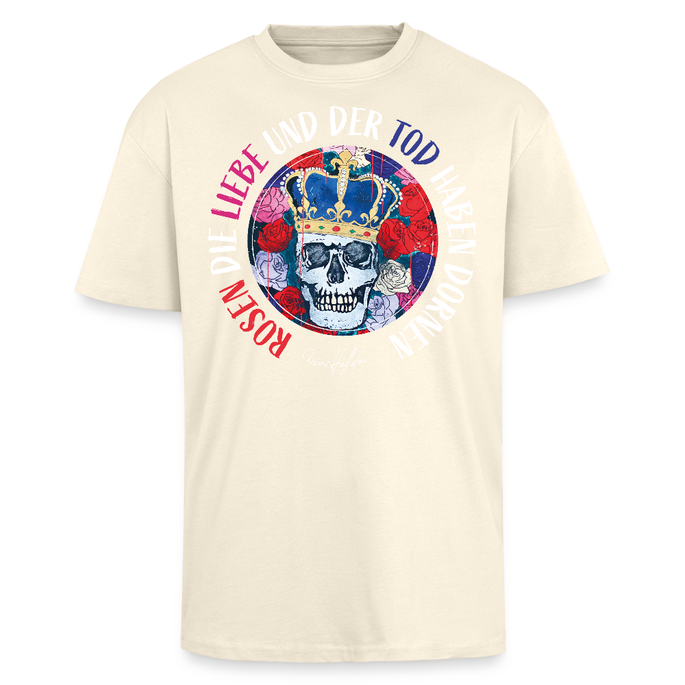 Heavy Oversize T-Shirt mit ROSEN DIE LIEBE UND DER TOD HABEN DORNEN PRINT - Creme