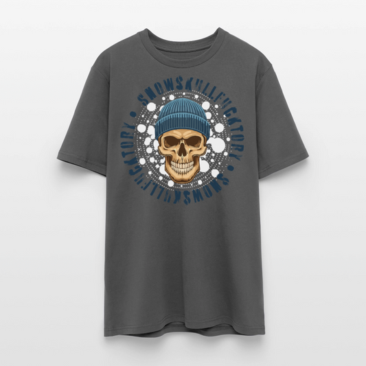 Unisex Bio-T-Shirt mit SNOWSKULL FUCKTORY PRINT Vorderseite - Anthrazit