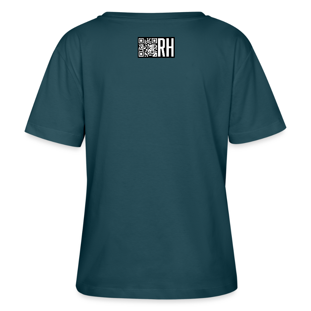 Relaxed Rundhals Frauen Bio-T-Shirt mit MAENJUS NETWORK FASHION PRINT - Dunkles Petrol