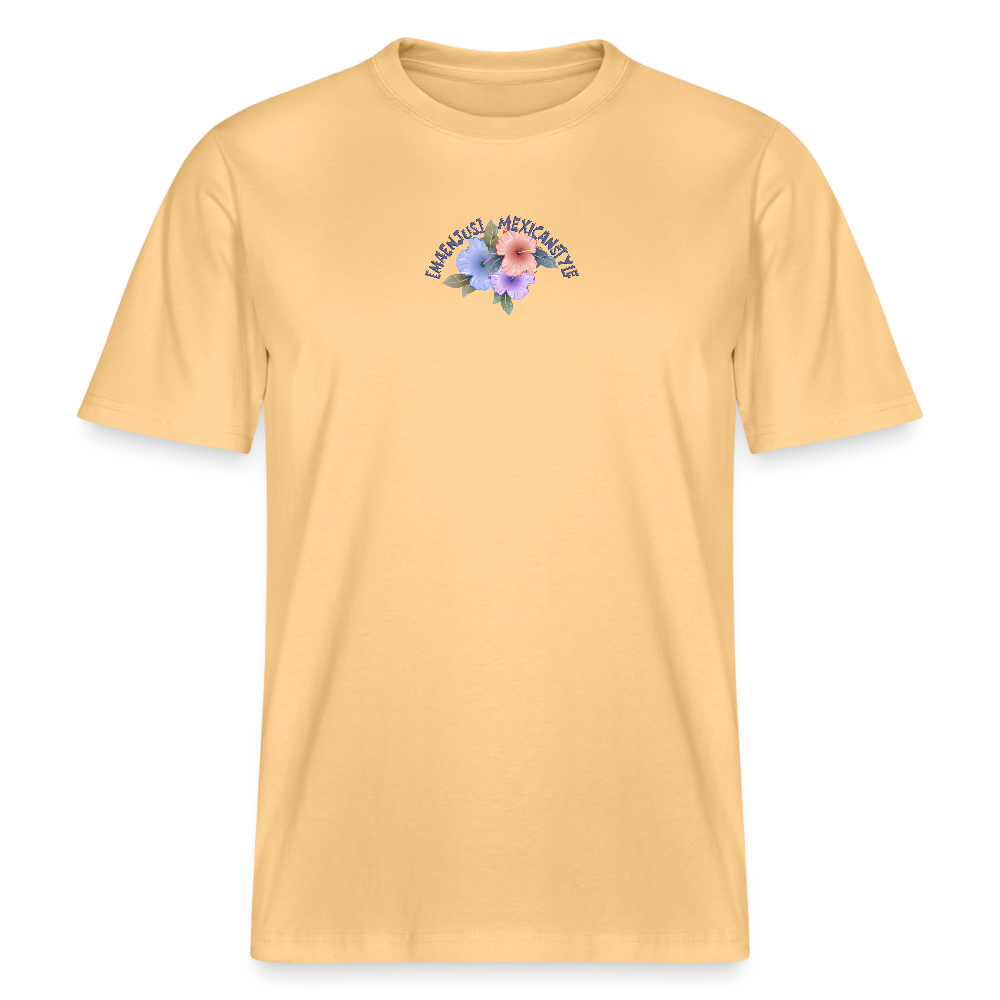 Relaxed Fit Unisex Bio-T-Shirt mit MAENJUS MEXICANSTYLE PRINT Vorder- und Rückseite - Hellgelb