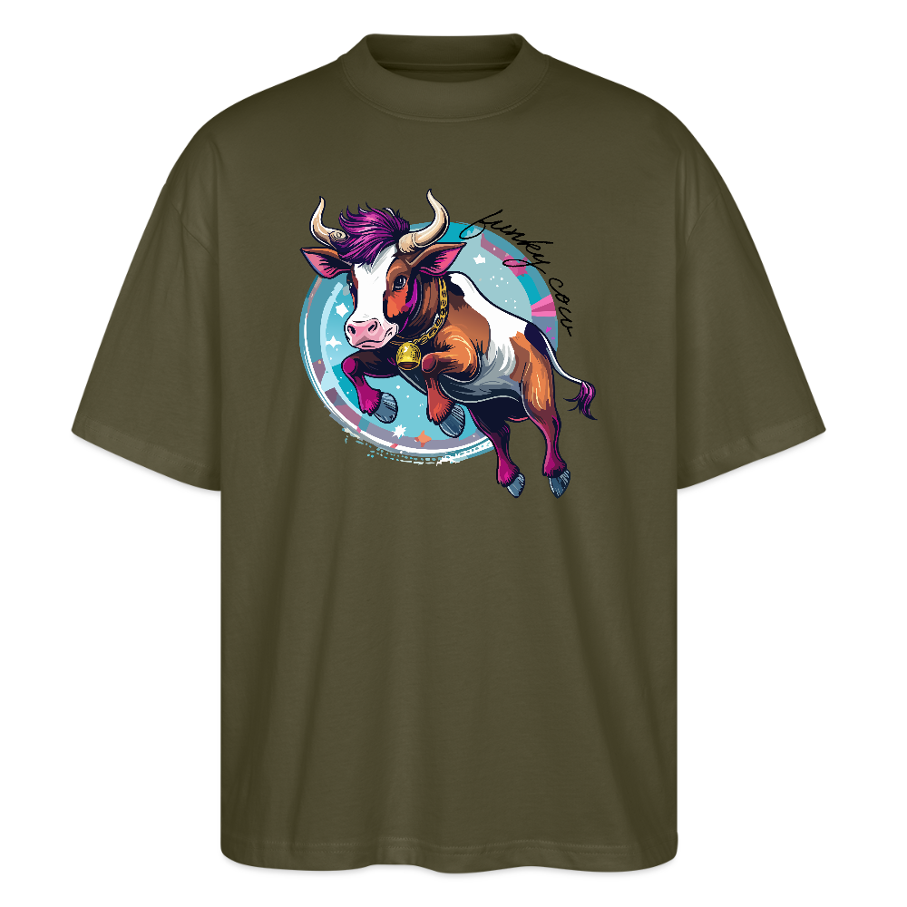 Oversized Unisex T-Shirt mit FUNKY COW PRINT - Khaki