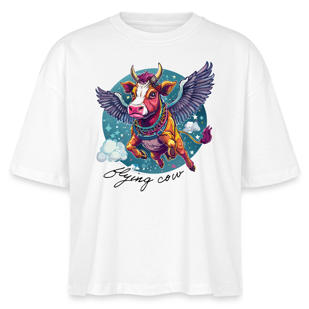 Frauen Boxy Bio-T-Shirt mit FLYING COW PRINT - Weiß
